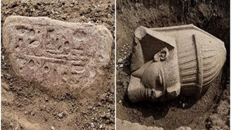 بقايا تمثالين ملكيين ضخمين
