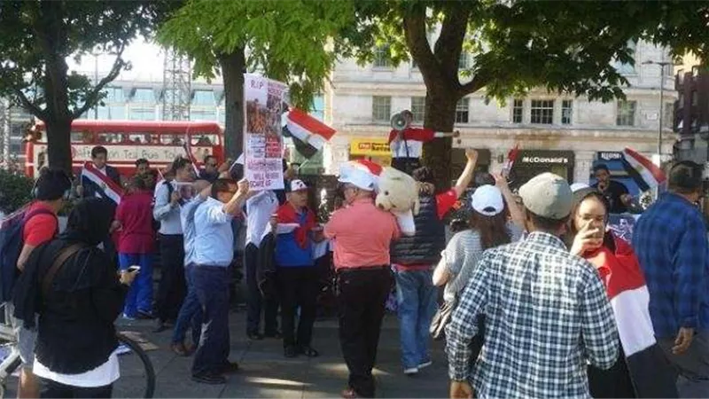 بالأعلام وصور السيسي.. المصريون يحتفلون بـ«30 يونيه» في لندن