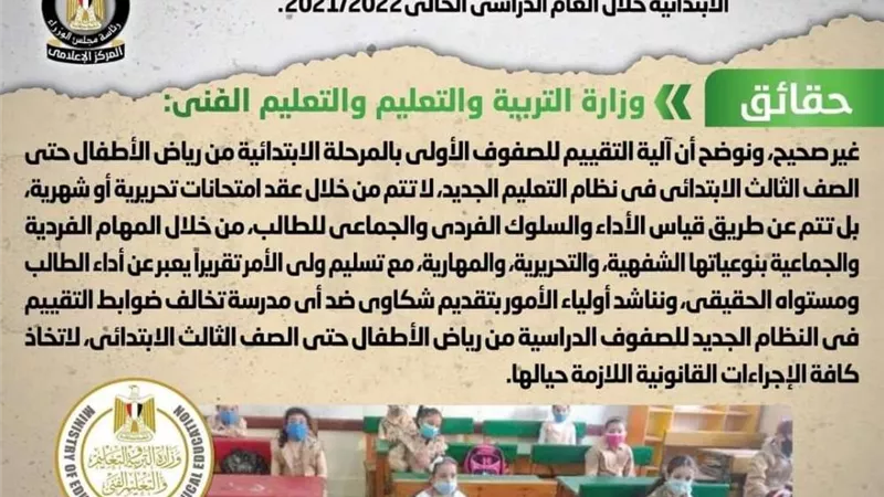 حقيقة  عقد اختبارات شهرية تحريرية لطلاب الصفوف الأولى من المرحلة الابتدائية