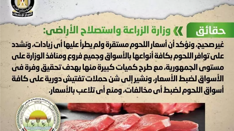 الحكومة تكشف حقيقة ارتفاع أسعار اللحوم بالأسواق تزامناً مع أعياد الميلاد المجيد