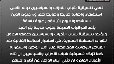 تنسيقية شباب الأحزاب والسياسيين تنعى شهداء بئر العبد