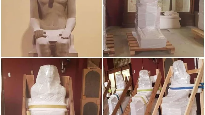 مجموعة تماثيل الملك سنوسرت الأول تصل المتحف المصري الكبير