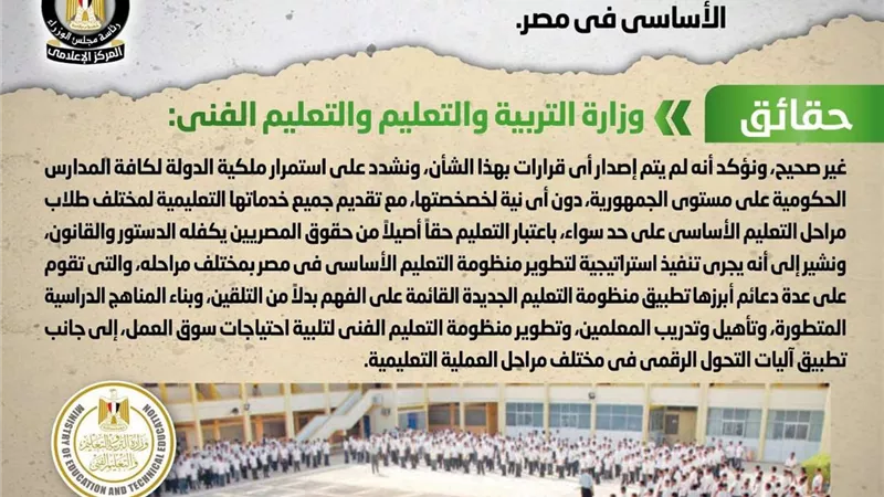 الوزراء يكشف حقيقة اعتزام الحكومة خصخصة منظومة التعليم الأساسي في مصر