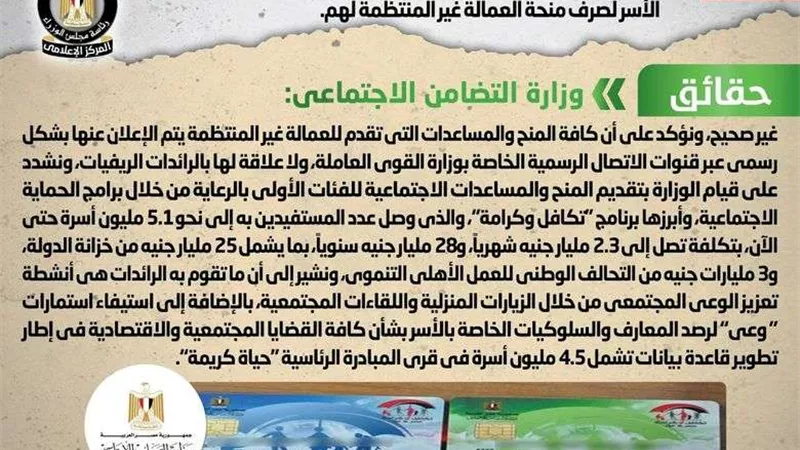 الحكومة ترد على شائعة تكليف الرائدات الريفيات بجمع بطاقات بعض الأسر لصرف منحة العمالة غير المنتظمة لهم