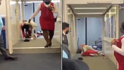 مشاجرة نسائية عنيفة بين فتاتين تعطل رحلة طيران.. فيديو