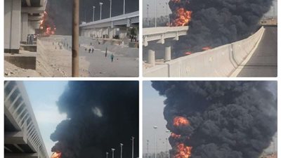 بالصور.. إنفجار سيارة نقل مواد بترولية أعلي كوبرى الهضبة بأسيوط