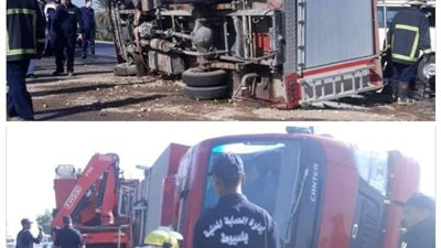 انقلاب سيارة نقل محملة بالأرز أعلى دائرى المعادى