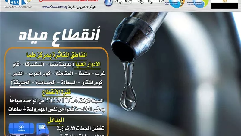 غدا السبت: انقطاع المياه بالأدوار العليا بمدينة طما والمجالس القروية