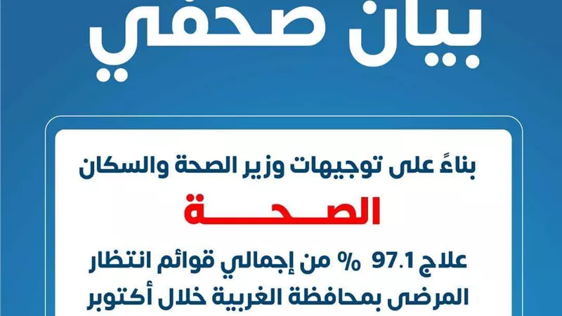 الصحة: علاج 97.1% من قوائم انتظار المرضى بمحافظة الغربية خلال أكتوبر الماضي