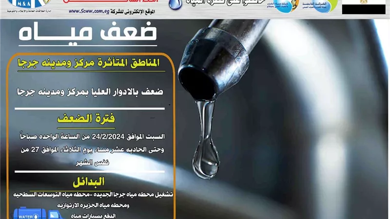 مواعيد ضعف المياه بالادوار العليا بمركز جرجا بسوهاج