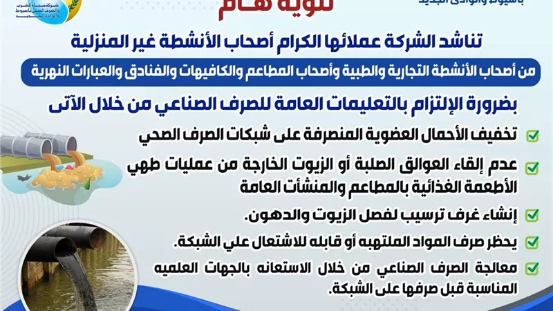 مياه أسيوط تناشد أصحاب الأنشطة غير المنزلية بأهمية الالتزام بالتعليمات العامة للصرف الصناعي