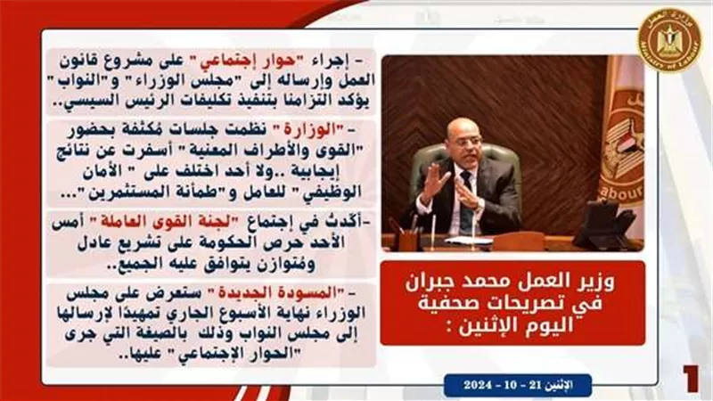 وزير العمل يعرض مسودة قانون العمل الجديد على مجلس الوزراء نهاية الأسبوع الجاري