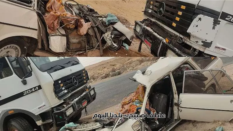 مصرع وإصابة 3 أشخاص في حادث تصادم نقل ثقيل وأجرة بطريق السخنة الزعفرانة