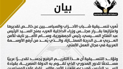 تنسيقية الأحزاب تشيد بقرار  مجلس وزراء الداخلية العرب منح الرئيس السيسي وسام الأمير نايف 