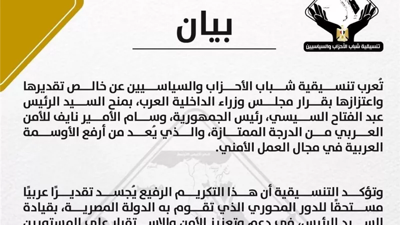 تنسيقية الأحزاب تشيد بقرار  مجلس وزراء الداخلية العرب منح الرئيس السيسي وسام الأمير نايف 