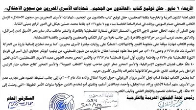 6 مايو.. حفل توقيع كتاب «العائدون من الجحيم.. شهادات الأسرى المحررين من سجون الاحتلال»