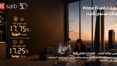 بنك saib يرفع العائد السنوي على شهادة «Prime Fixed» الثابتة إلى 17.75% يصرف شهرياً