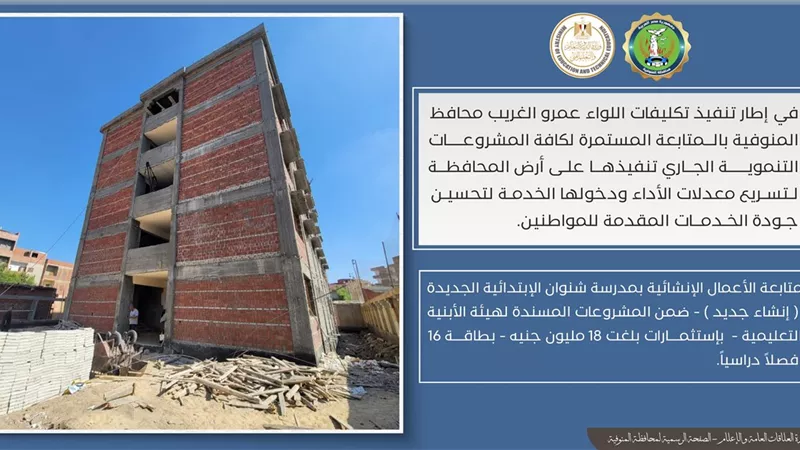استثمارات بـ18 مليون جنيه .. متابعة ميدانية لإنشاء مدرسة شنوان الابتدائية بشبين الكوم 