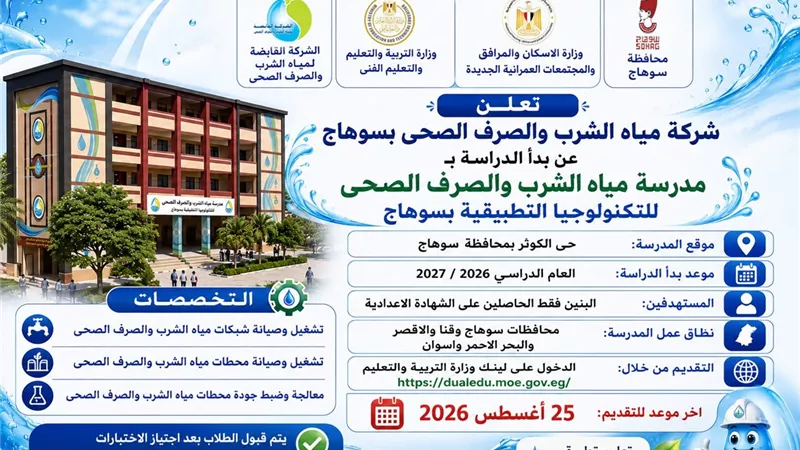 بدء التقديم بمدرسة مياه الشرب والصرف الصحي للتكنولوجيا التطبيقية